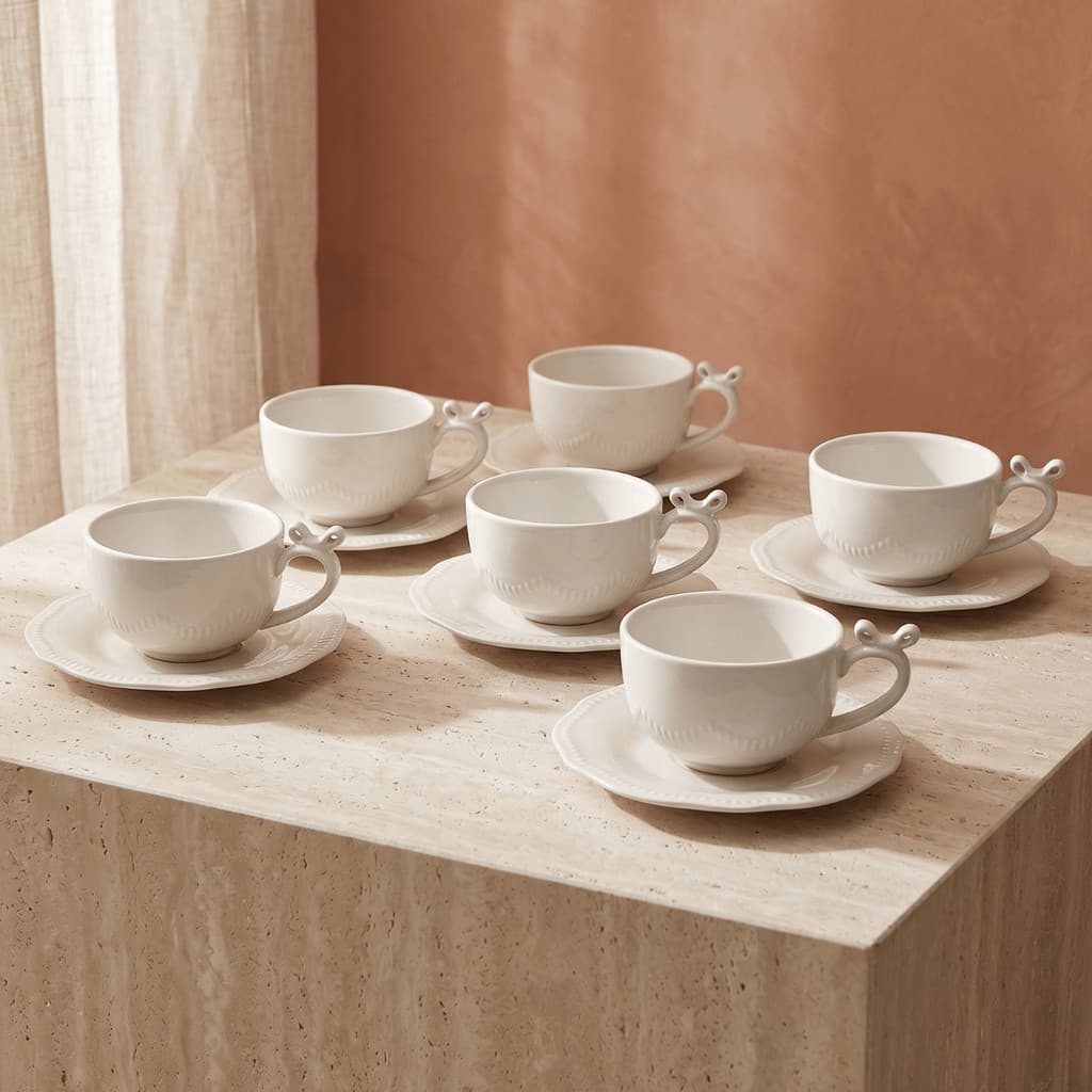 Jogo 6 Xicaras E Pires Cafe Laço Porcelana New Bone 110ML Cantinho Cafe Mesa Posta Luxo Clássica