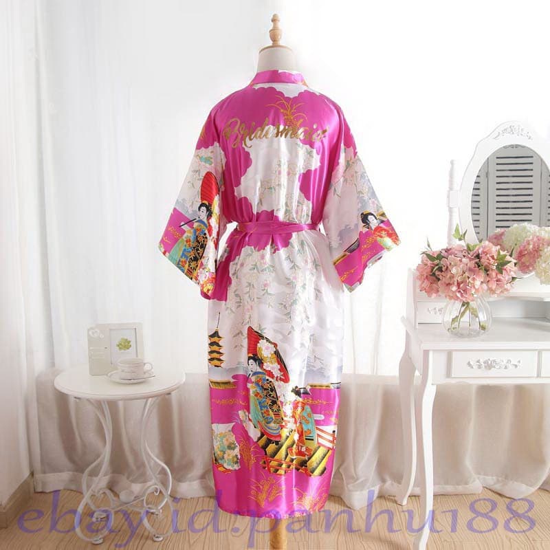 Roupão de Cetim Feminino Estilo Quimono para Casamento, Pijama de Quimono para Madrinhas, 10 Cores 1047