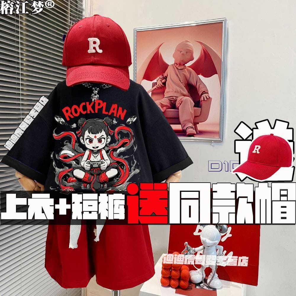 Nezha terno infantil meninos verão 2025 novo desenho animado médio grande crianças dança de rua camiseta de manga curta