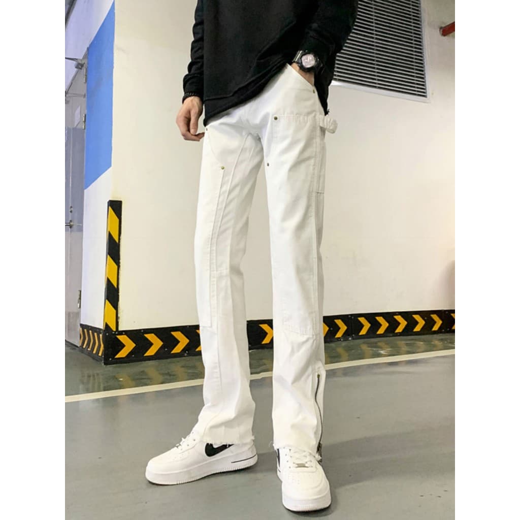 Calças de brim masculinas High Street 2026 novo estilo calças retas masculinas lavadas costura zíper branco calças casua