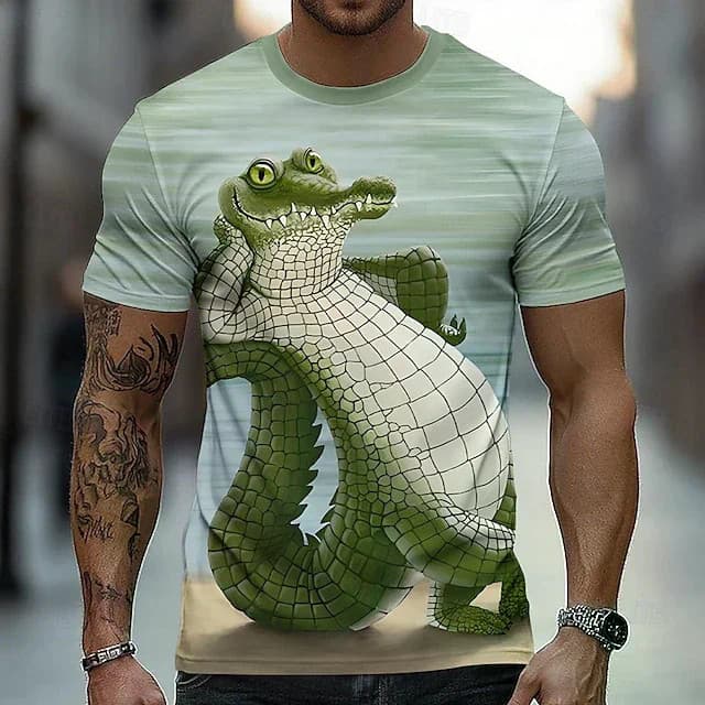 Crocodilo Impressão Engraçado Camiseta 3D Animal Camisetas Masculinas Verão Manga Curta Pulôver Masculino De Grandes Dim