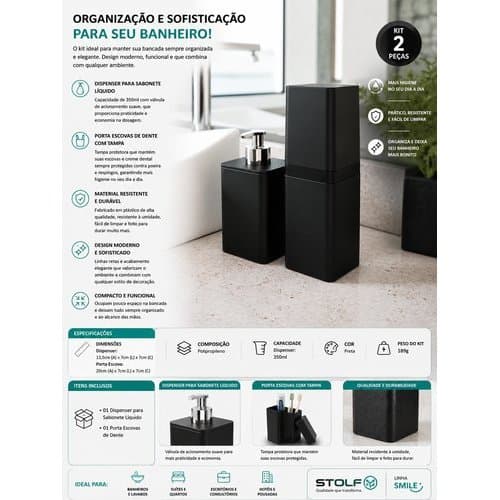 Kit Organizador Banheiro Dispenser Sabonete Porta Escova Dente Porta Algodao Preto Compacto Resistente Pratico