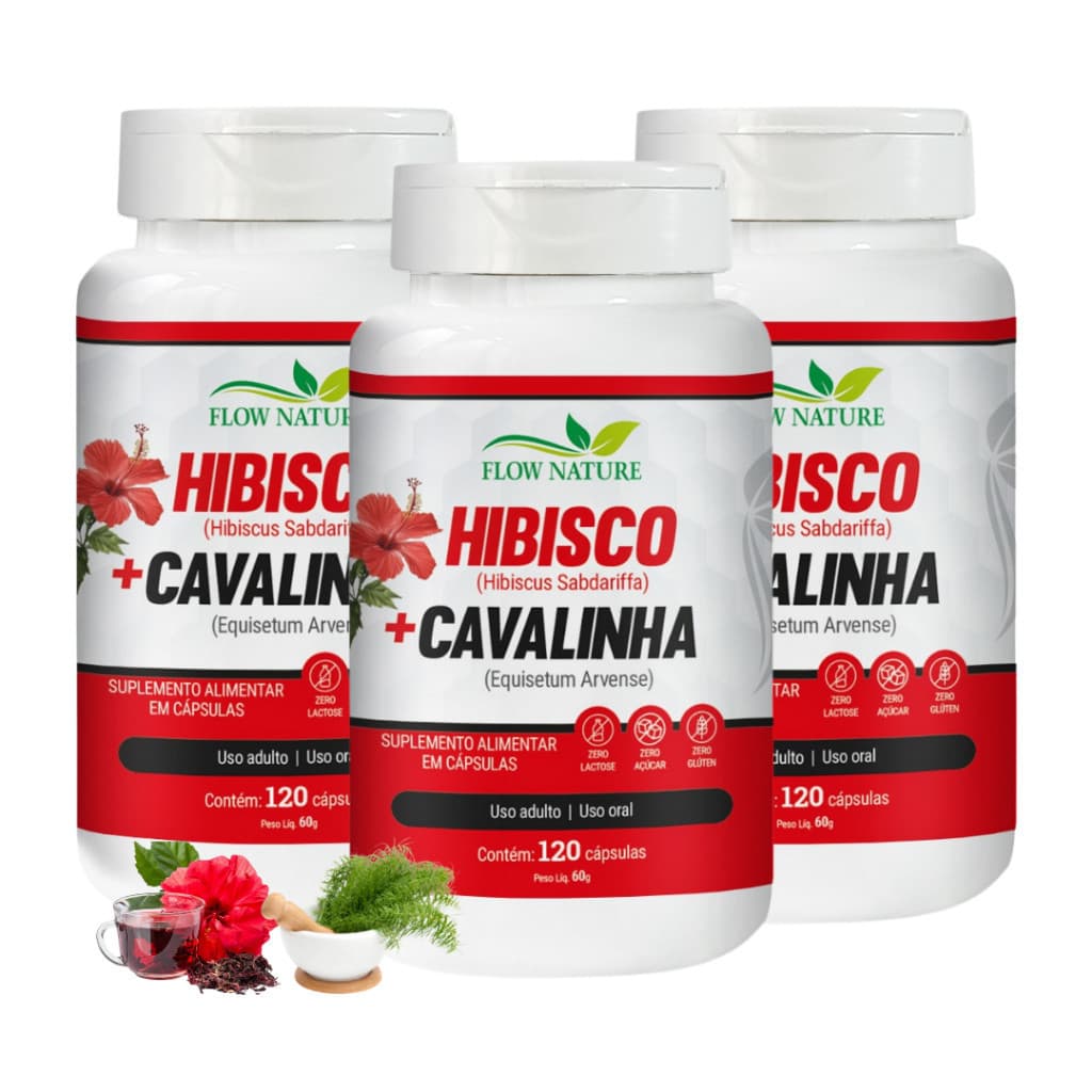 Hibisco com Cavalinha 120 Cápsulas de 500 mg - Suplemento Natural - Kits Com 1, 2 e 3 Potes - Flow Nature