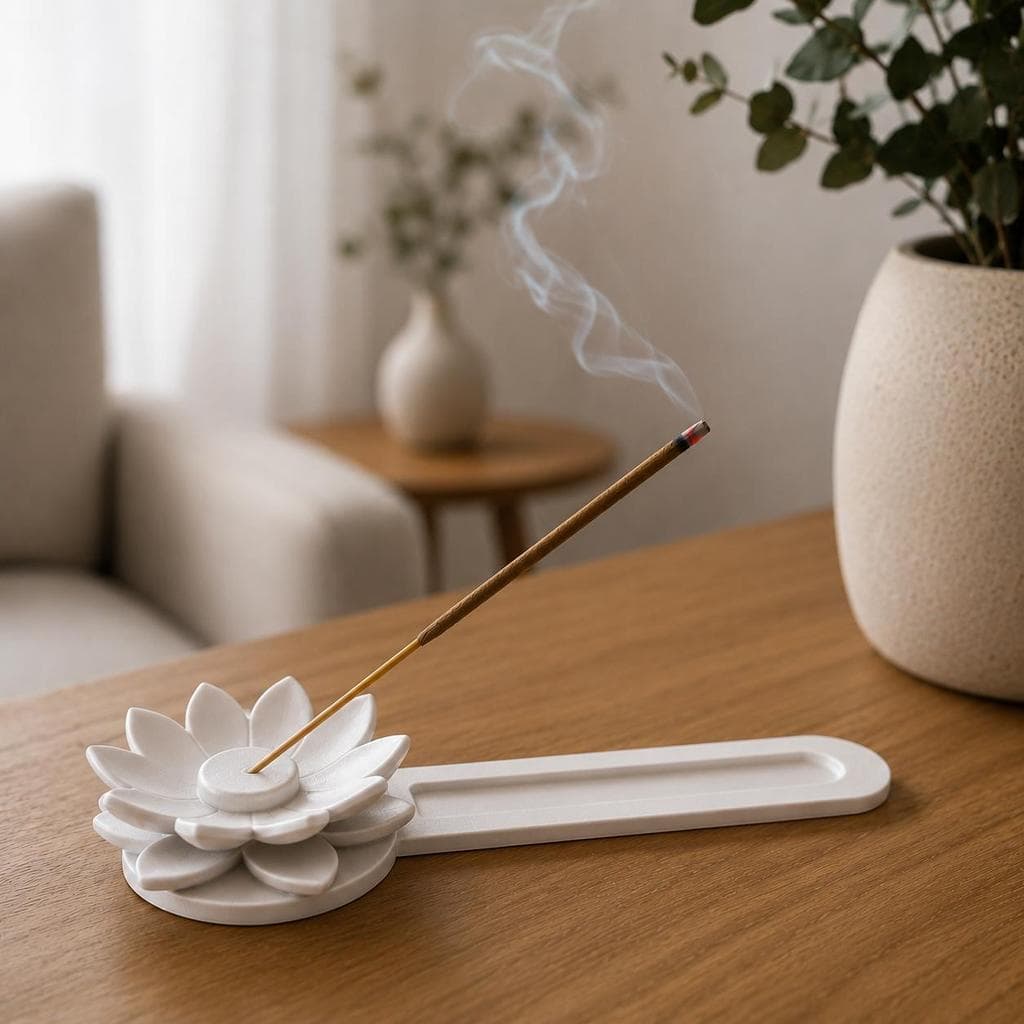 Incensário Flor de Lótus 13,5cm Porta Incenso para Varetas com Coletor de Cinzas Decoração Zen Sala e Quarto