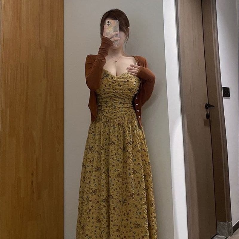 Plus Size feminino francês Retro chá Break temperamento Floral estilingue vestido feminino cintura estreita mais magro o