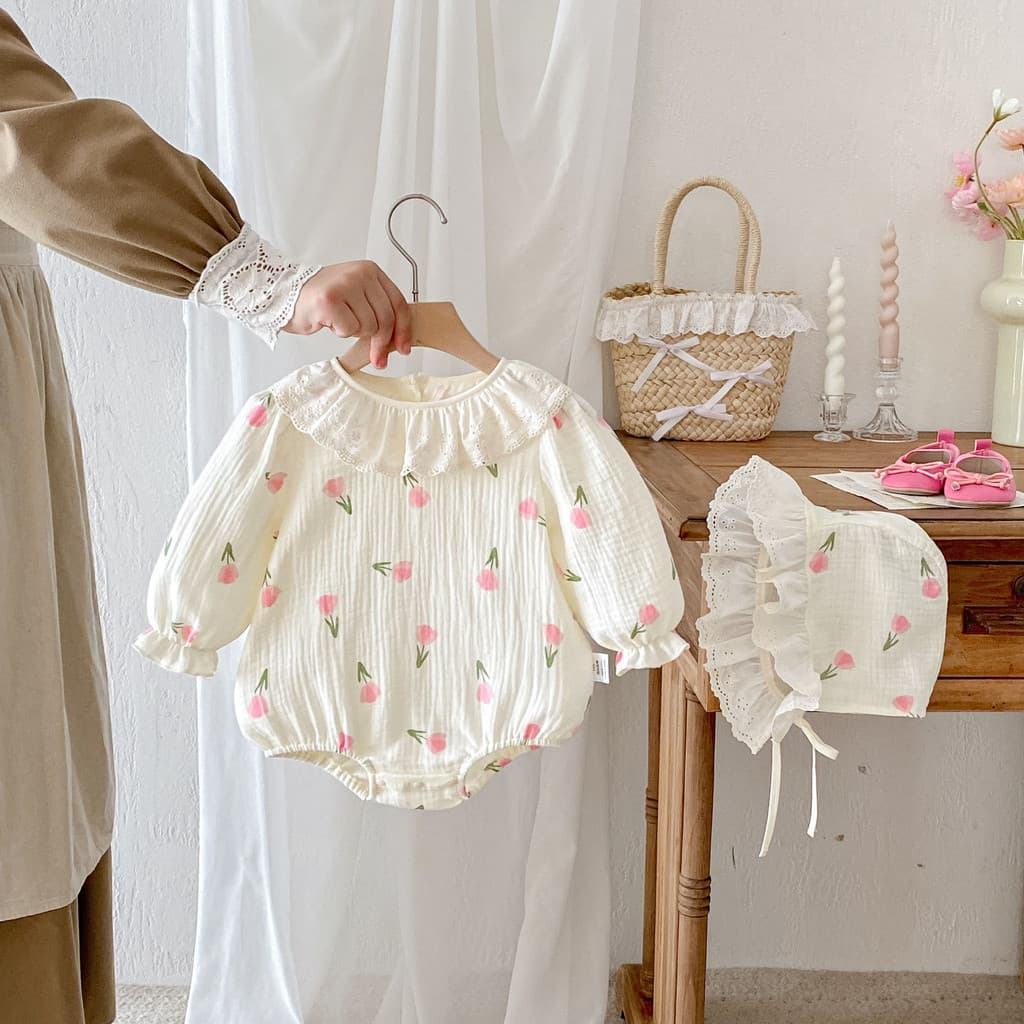 Floral triângulo macacão bebê primavera outono estilo bebê menina tulipa princesa macacão recém-nascido algodão puro res