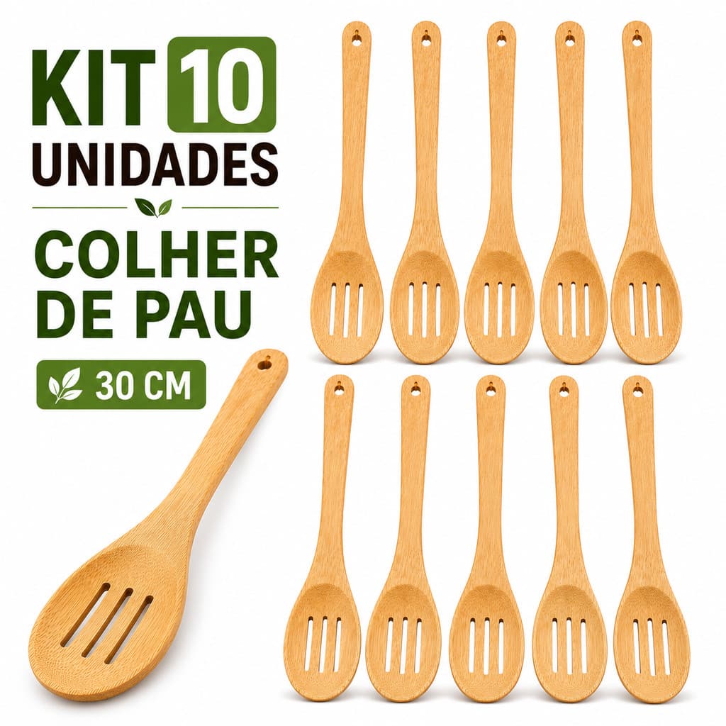 **Kit Colher de Pau 30cm Madeira Longa Utensílio de Cozinha Para Mexer Cozinhar Servir - 5 ou 10 Unidades**