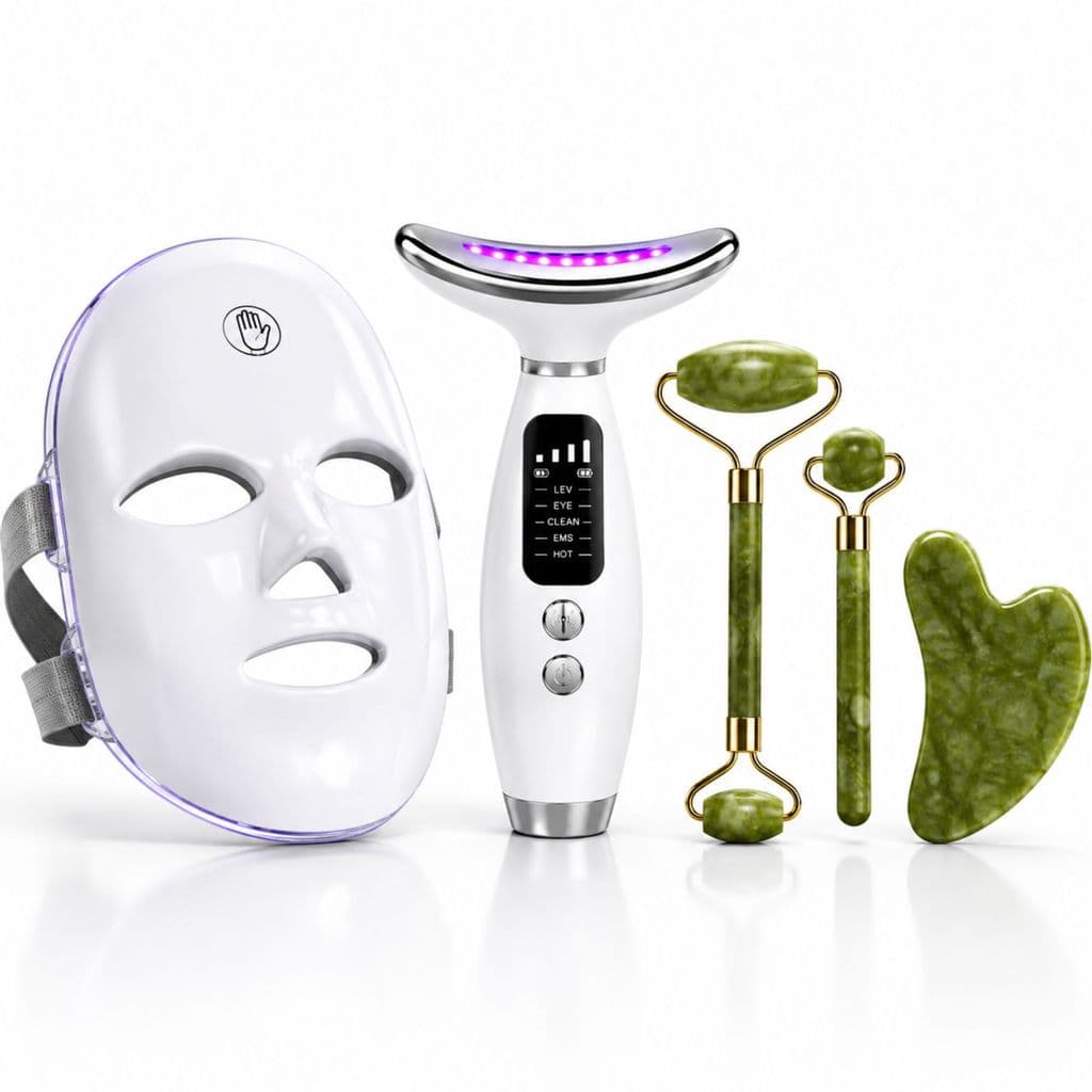 Kit Skincare Máscara LED + Massageador 7 Cores + 2 Jade Rollers Gua Sha