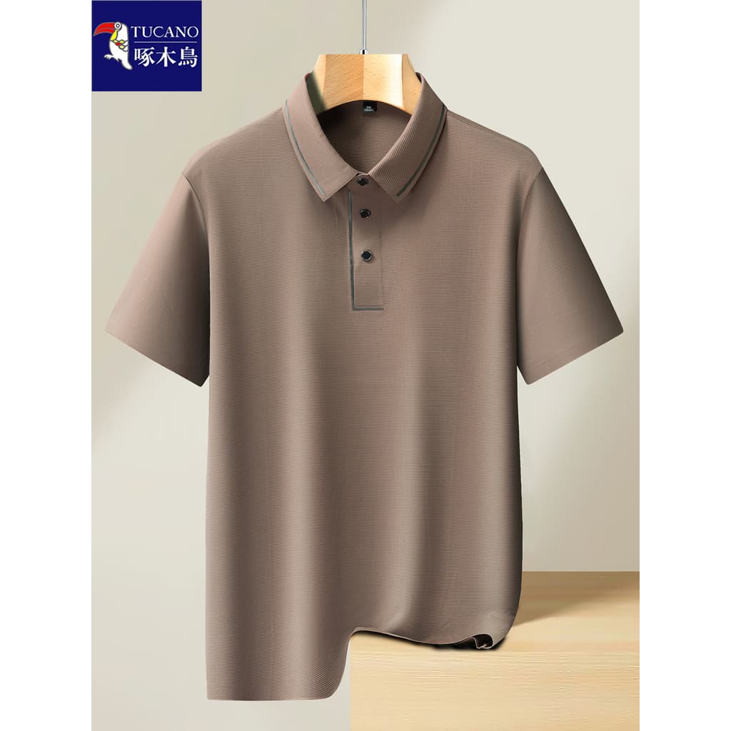 Woodpecker High-End Real gelo seda manga curta camiseta masculina verão negócios Casual tamanho grande lapela meia-