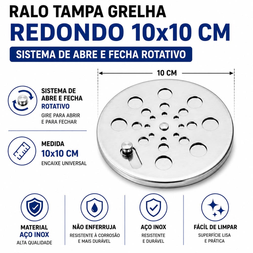 Ralo Redondo Inox 10x10 Tampa Grelha Abre e Fecha Rotativo
