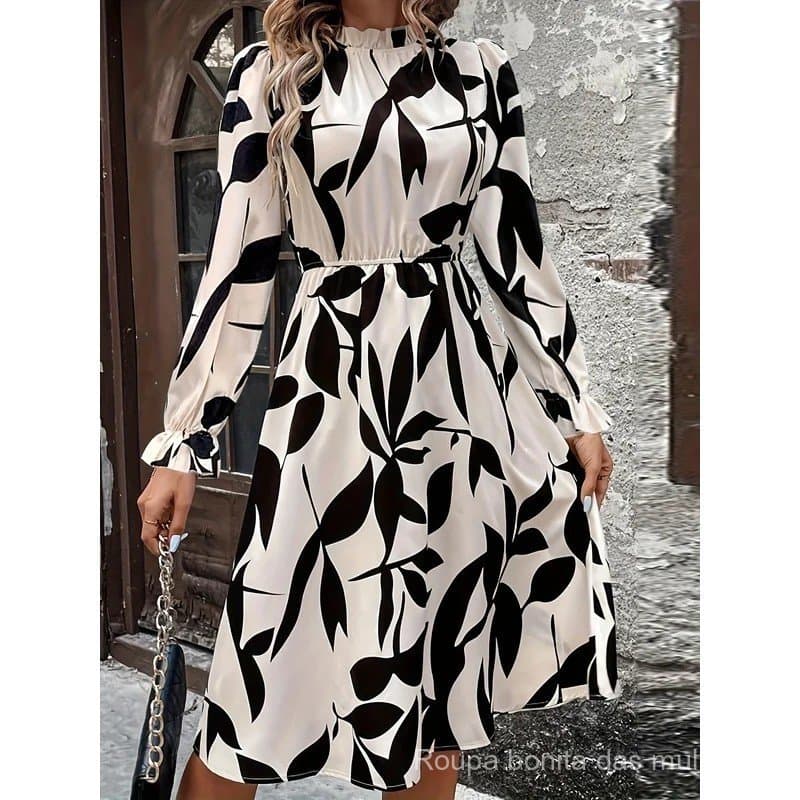 Vestido Elegante de Outono para Mulheres, Estampado, Casual, de Moda, com Gola Alta e Manga Longa, para Férias.