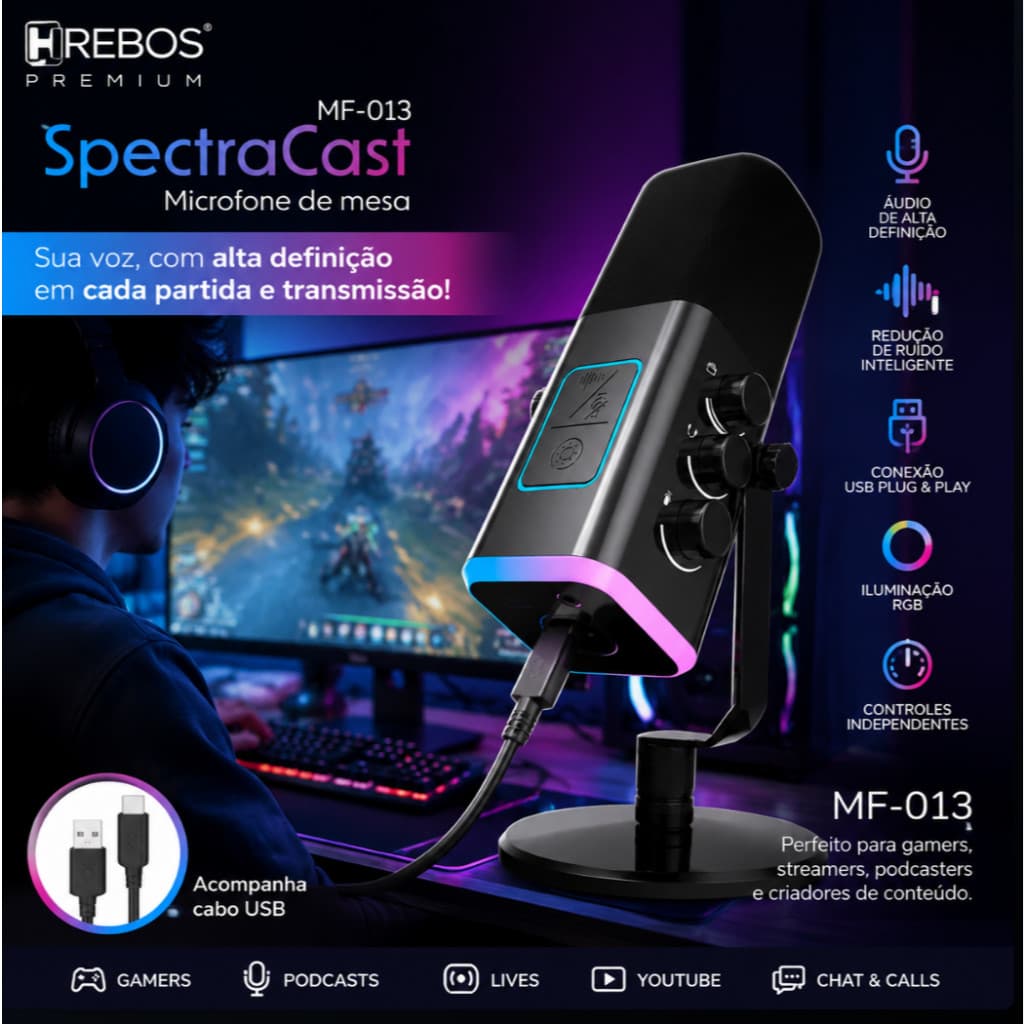 MICROFONE CONDENSADOR GAMER Para transmissões ao vivo, gravações, transmissões radiofônicas e jogos HREBOS MF-013