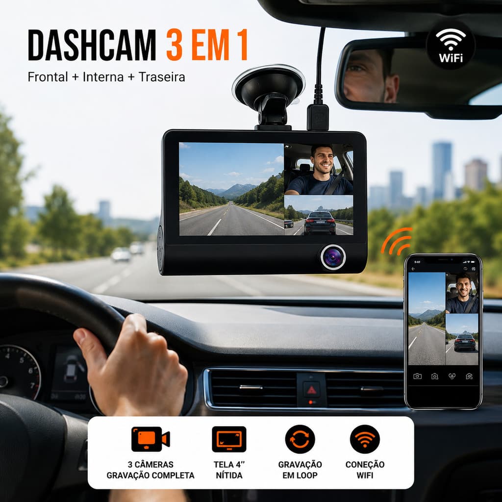 Dashcam 3 Câmeras 4" Full HD WiFi Câmera Veicular Frontal Interna Traseira