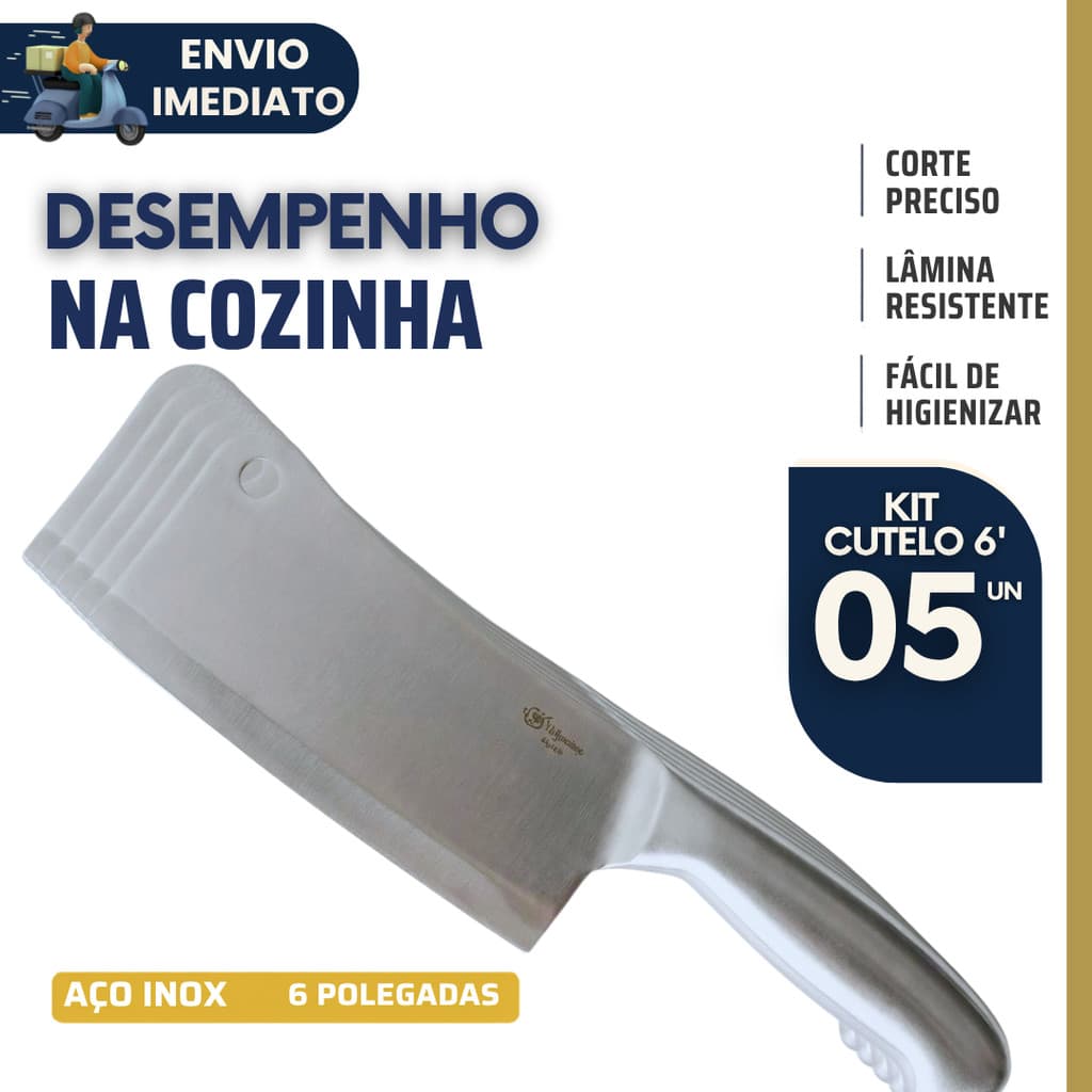 Kit 5 Faca Cutelo Aço Inox 6 Polegadas Profissional Açougueiro Corta Osso Carnes Churrasco Cozinha