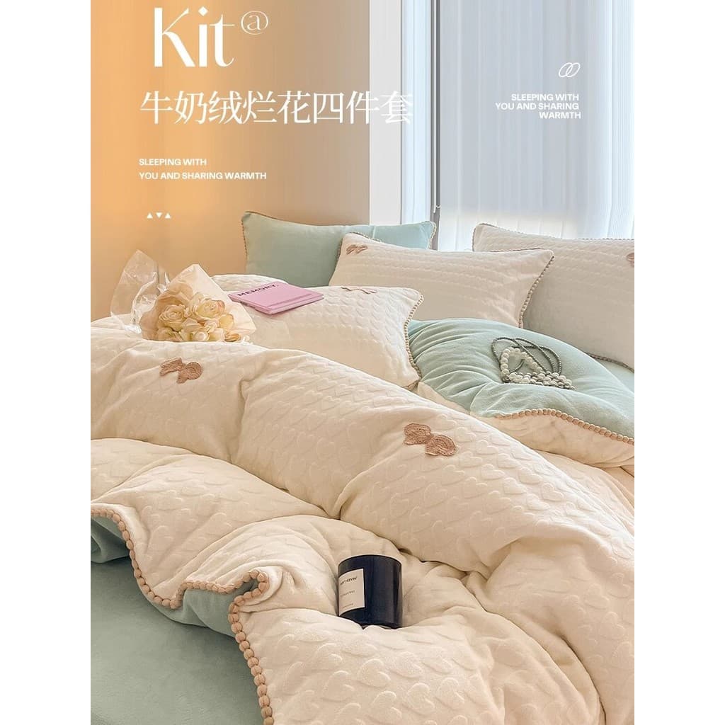 Cama de lã de leite conjunto de quatro peças Coral velo inverno dupla face velo lençol colcha capa de cama bordada