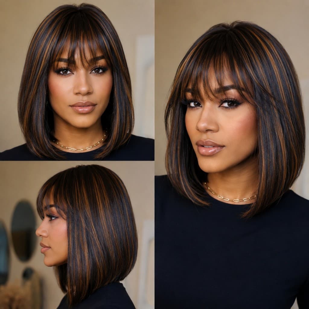 Peruca Bob Preto E Castanho Com Franja Fibra Bio Organica 30cm 180g Top Hair MAYA F33