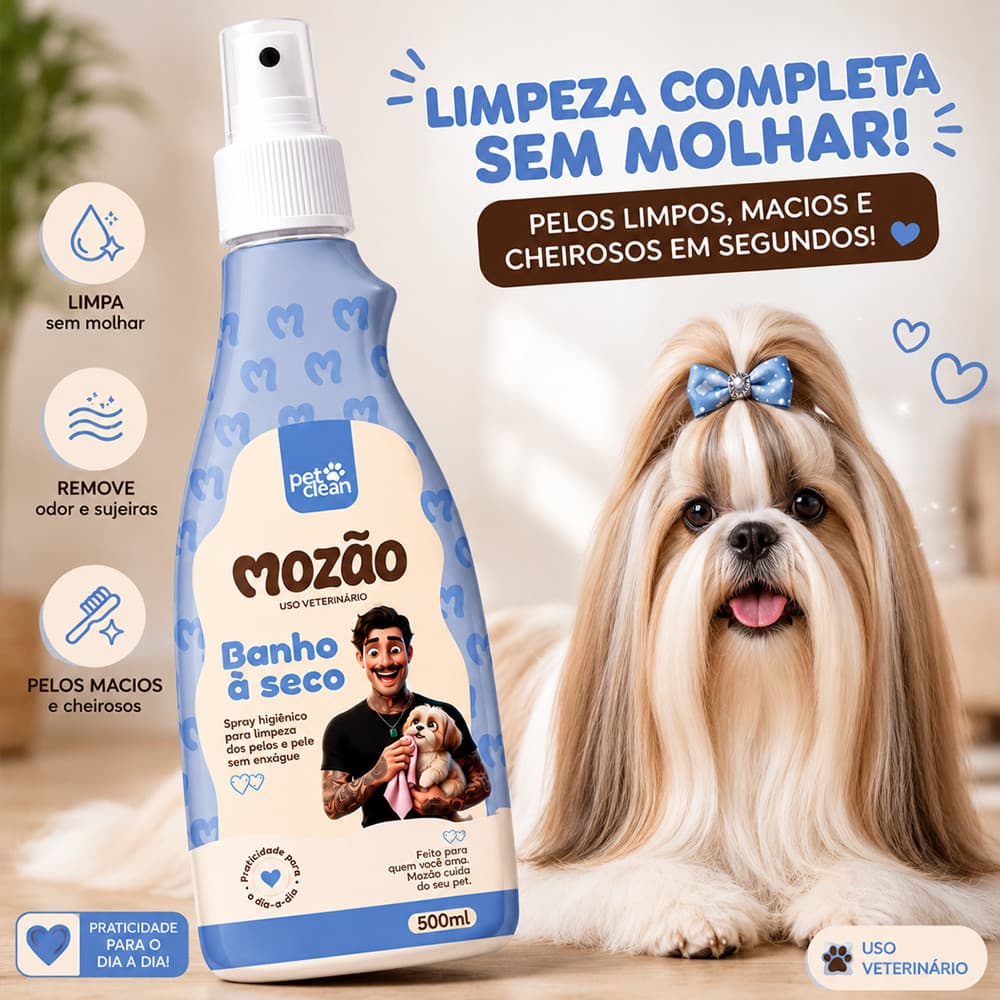 Banho a Seco Spray Sem Enxágue para Cachorro e Gato Pet Clean - 500ml Cheiroso