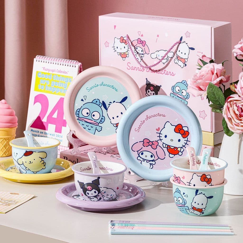 Nova caixa de presente Sanrio conjunto de talheres olá Kitty prato tigela colher pauzinhos dos desenhos animados talhere