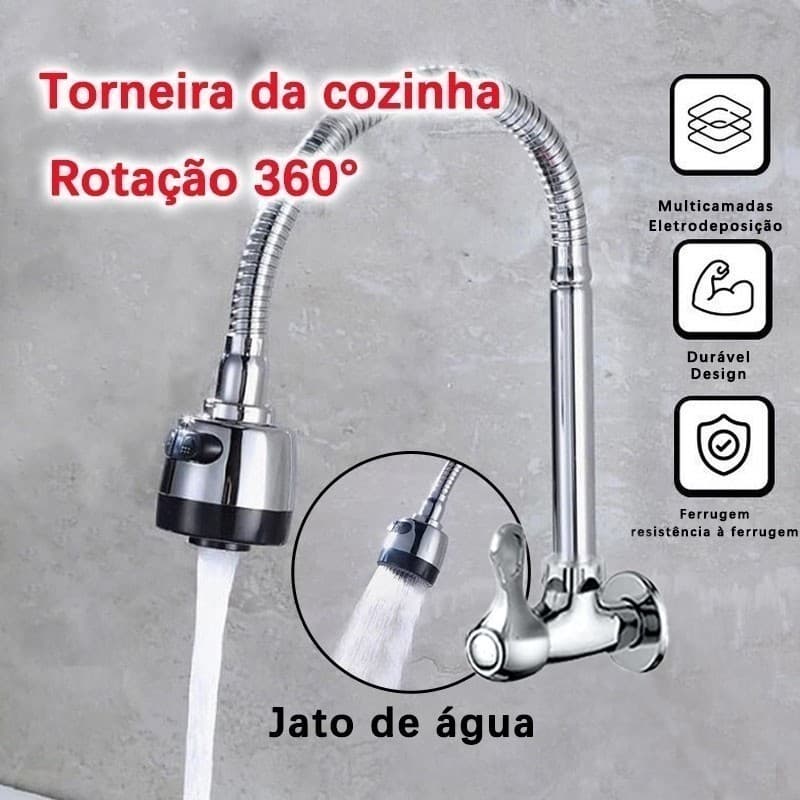 Inox Prata Torneira com chuveiro com rotação de 360° Cozinha Luxo Parede