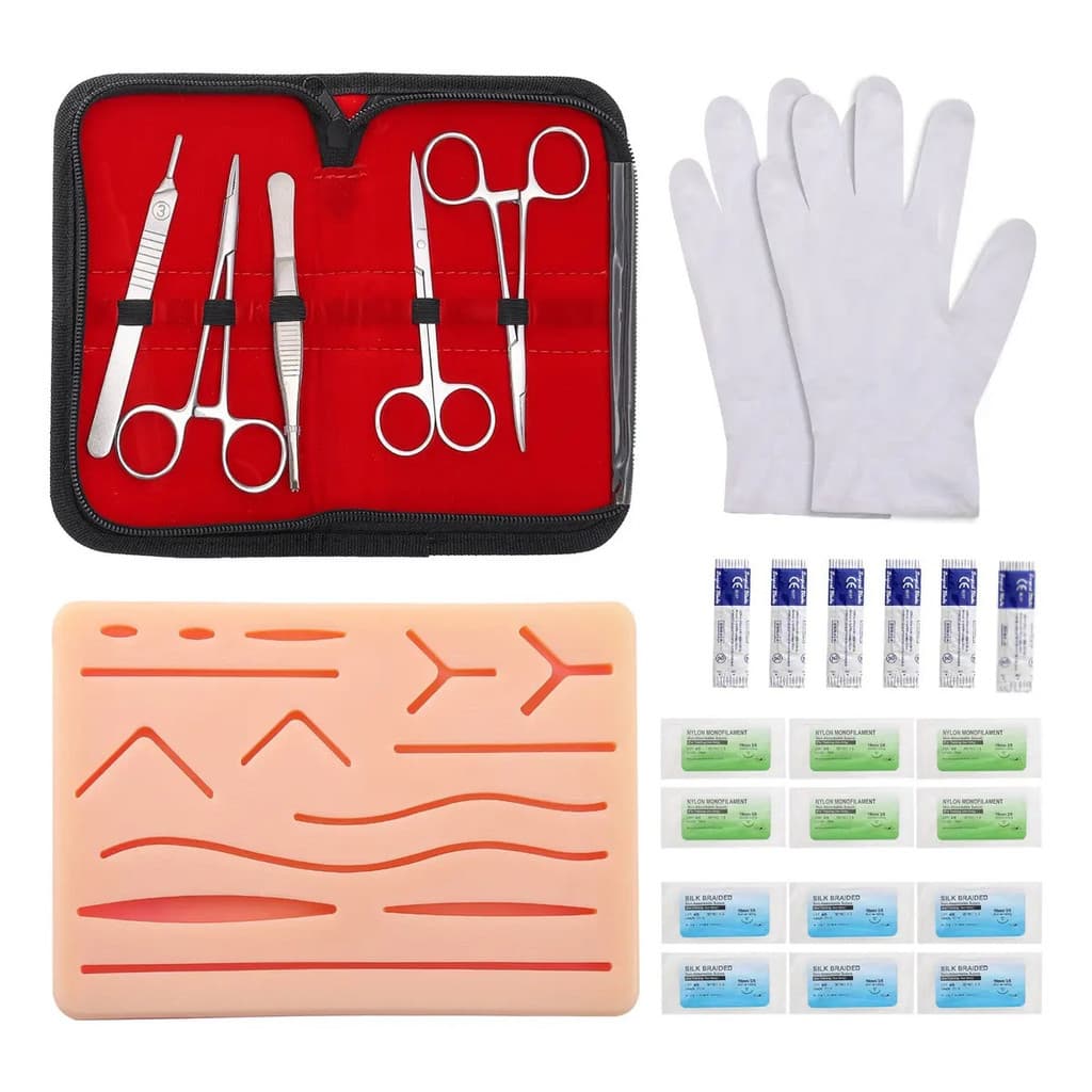Kit de Sutura Profissional 28 Peças com Simulador de Pele 3 Camadas e Fios de Nylon e Seda para Treinamento