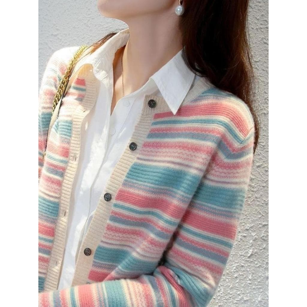 Contraste cor de malha cardigan primavera outono em torno do pescoço cardigan feminino exterior simples solto curto cami