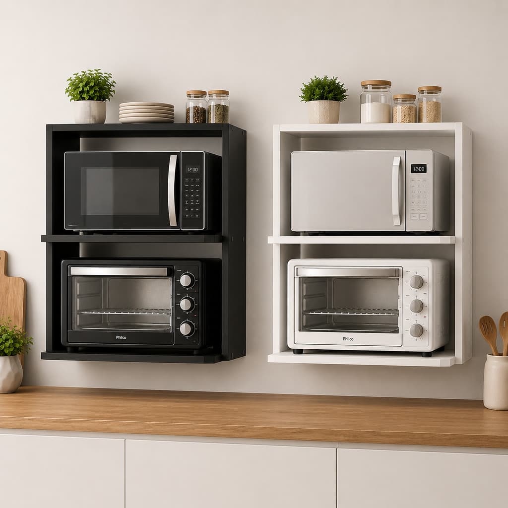Suporte Para Microondas Com Prateleira Superior Forno Eletrico E Air Fryer Nicho MDF Branca E Preta