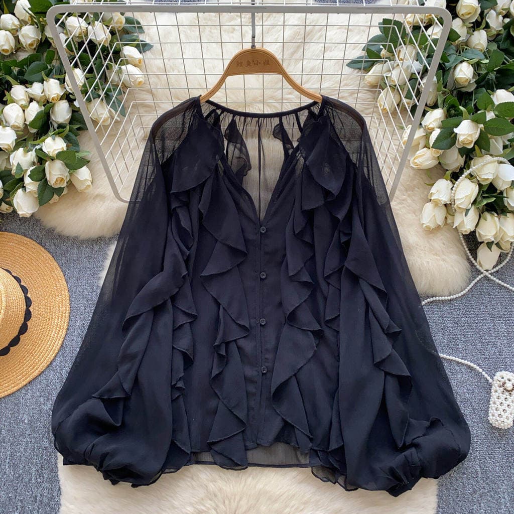 Blusas Casuais Semi-Transparentes Femininas para Primavera, Estilo Fada, Manga Longa, Pulôver Preto de Chiffon 3952