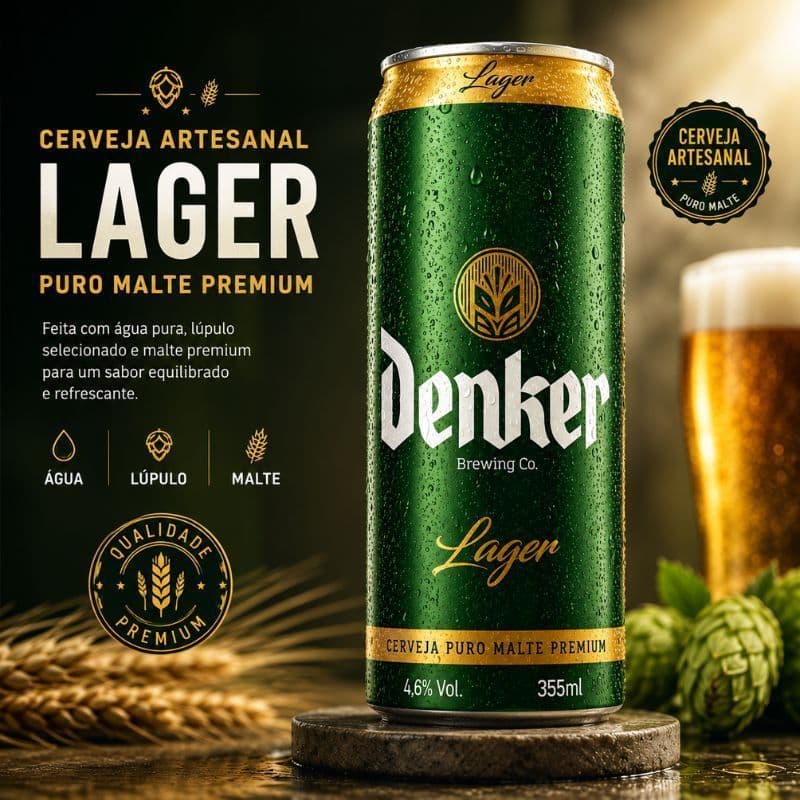 Cerveja Denker Puro Malte 355ml Lager Premium Leve Refrescante Sabor Equilibrado