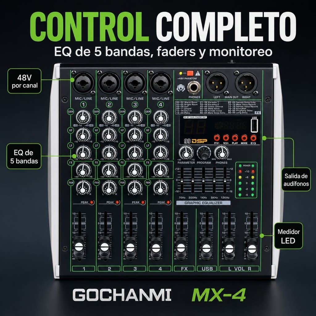 48V Phantom Mesa de Som MX4 - 4 Canais, 99 DSP, Interface USB, Bluetooth, Profissional