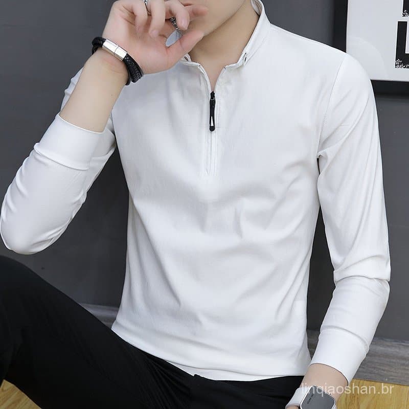 Nova camiseta de manga comprida, camisa POLO masculina slim-fit, cor sólida, estilo casual de negócios, marca HRZY.