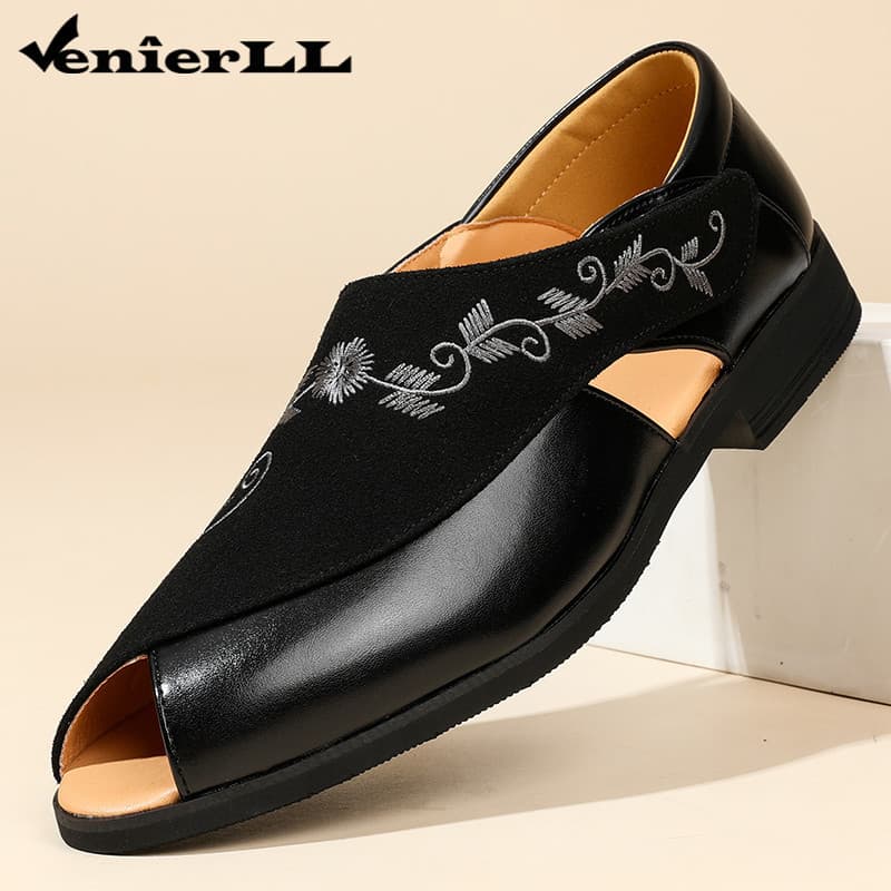 Moda Masculina Verão Sandálias Peep-Toe Bordado Superior Ajustável Cinta De Velcro Salto Baixo Recorte Casual Estilo Étn