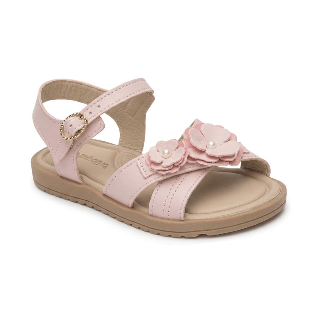 Sandália Infantil Menina Pimpolho Rosa Com Aplique Flores Pérolas Sapato Casual Festa Conforto Lançamento Moda