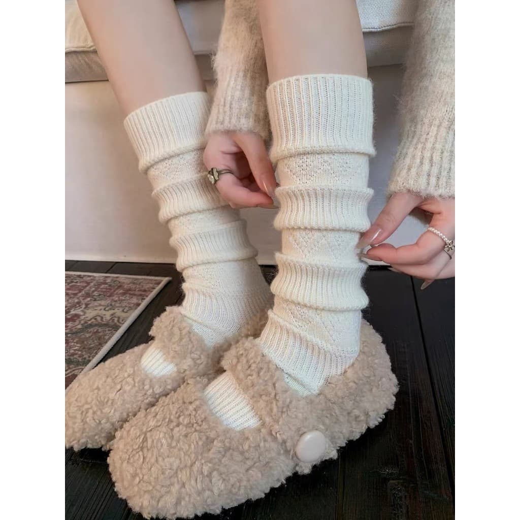 Retro diamante bezerro meias de lã feminino inverno quente grosso bege malha mais magro olhar pilha meias com botas
