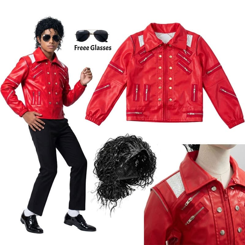 Crianças Michael Jackson Beat It Vermelho Falso Couro Motociclista Jaqueta Peruca Concerto Palco Outfit Meninos Meninas