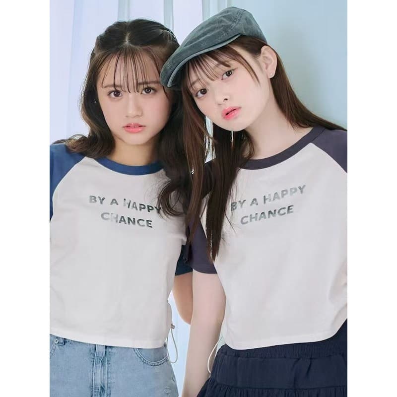 Americano Retro contraste cor manga Raglan camiseta de manga curta feminina verão novo estilo carta impressão magro-ajus
