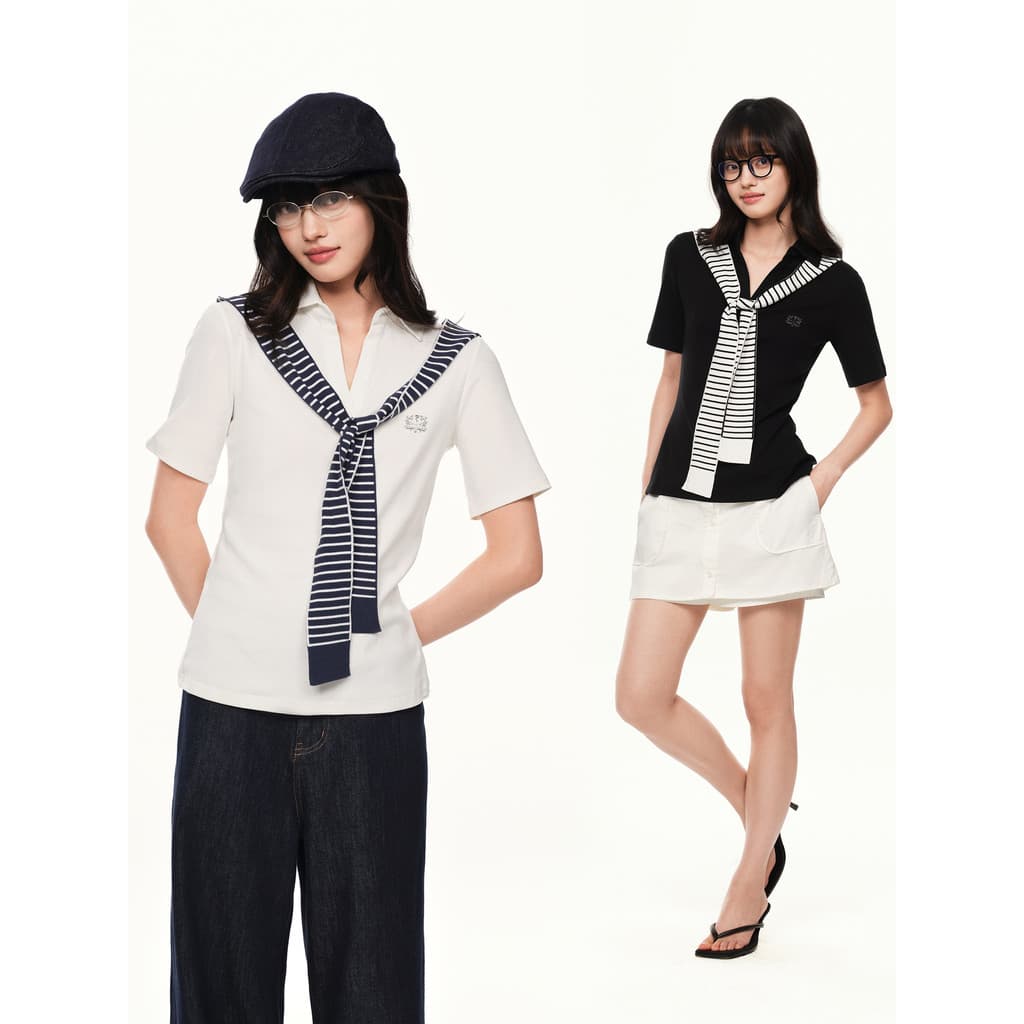 P PSO marca feminina de duas peças listrado com capuz com decote em V xale de manga curta camiseta Polo feminina Slim Fi