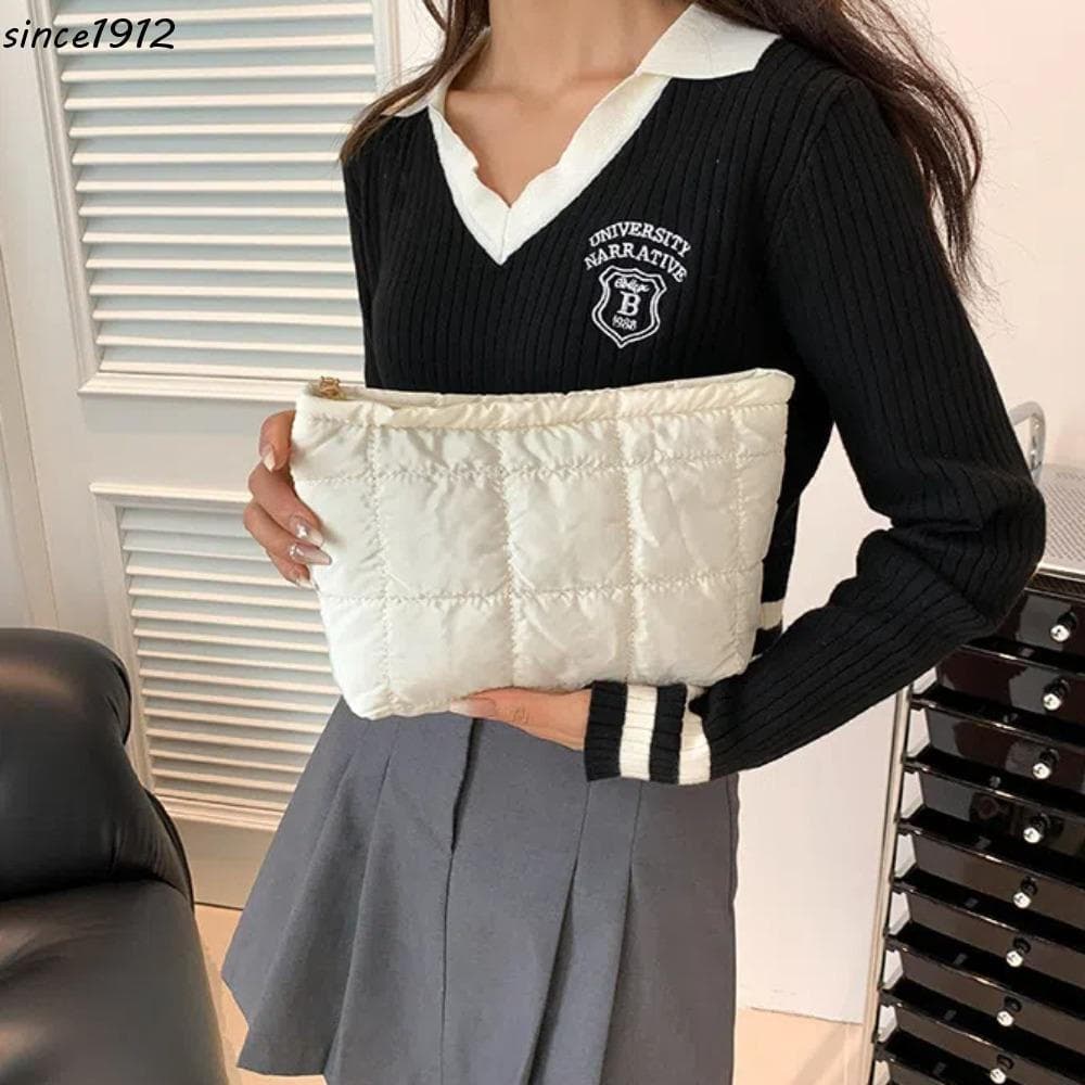 Bolsa Sopradora SINCE , De Maquiagem Acolchoada De Couro PU De Grande Capacidade Mão Xadrez Grossa Costurada À Prova D'á