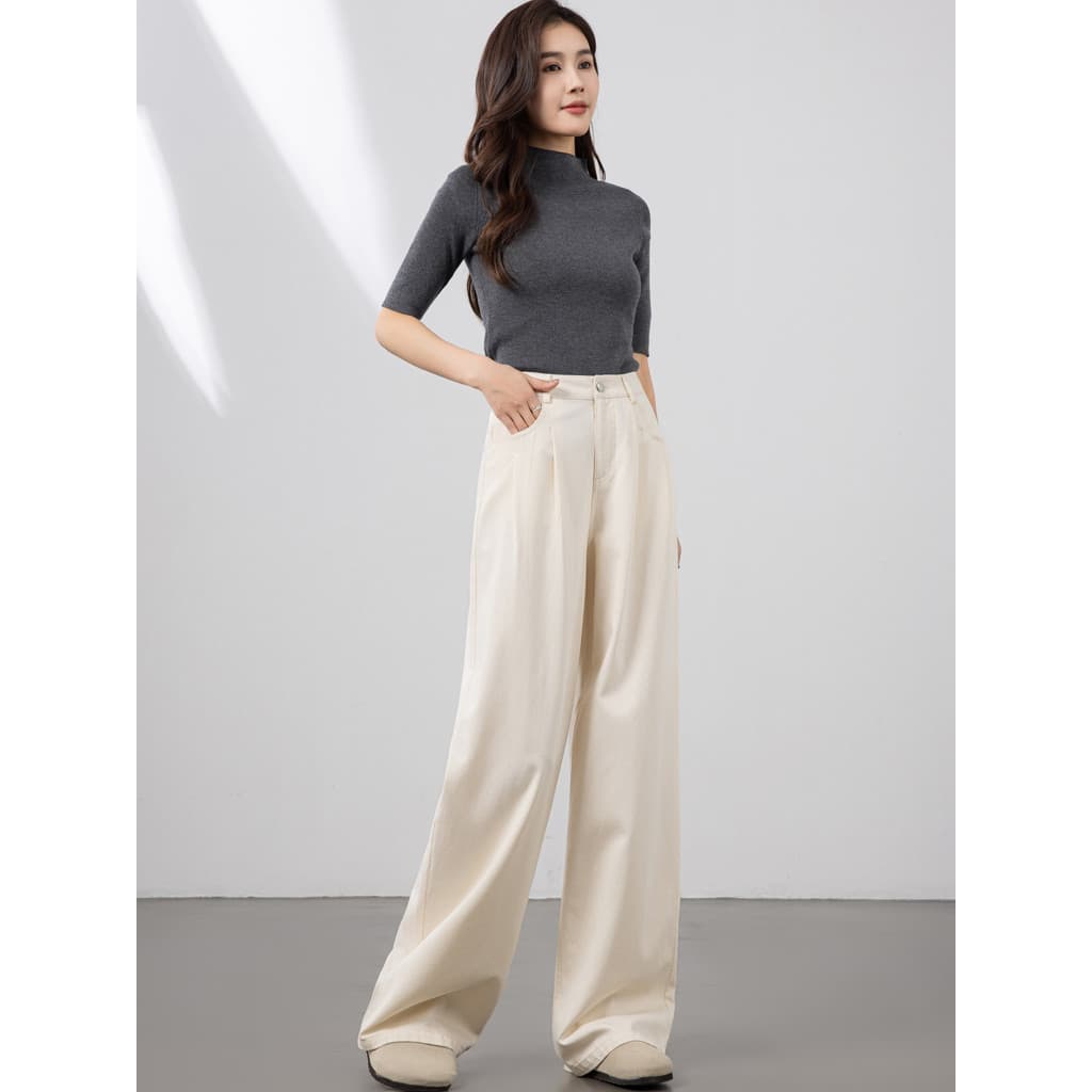 Zhengzhou calças femininas Tencel Jeans de perna larga feminino bege cintura alta calças de perna reta feminina primaver