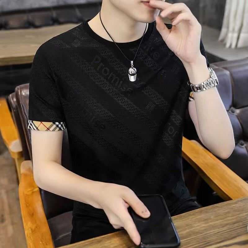 Camiseta masculina de manga curta com gola redonda de seda gelada, verão, Slim fit, aparência mais fina, Casual, Stretch
