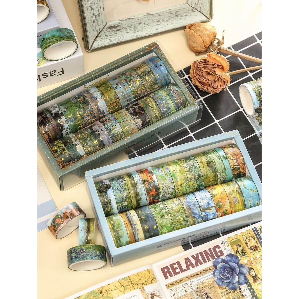 Pintura a óleo Manual do Mundo Fita Rolo Inteiro Retro Van Gogh DIY Borda de Renda Paisagismo Fita Washi Conjunto de Cai