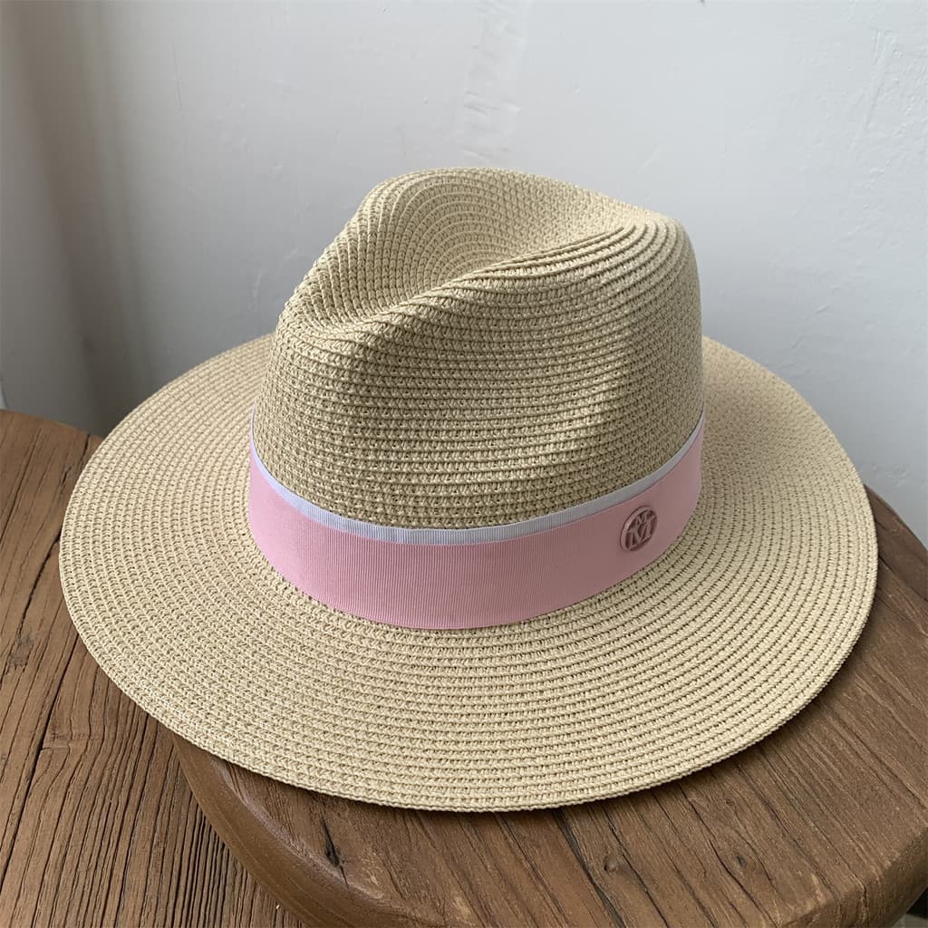 Verão panamá cartola m estilo ocidental bege rosa chapéu de palha compras praia chapéu de viagem feminino chapéu de sol