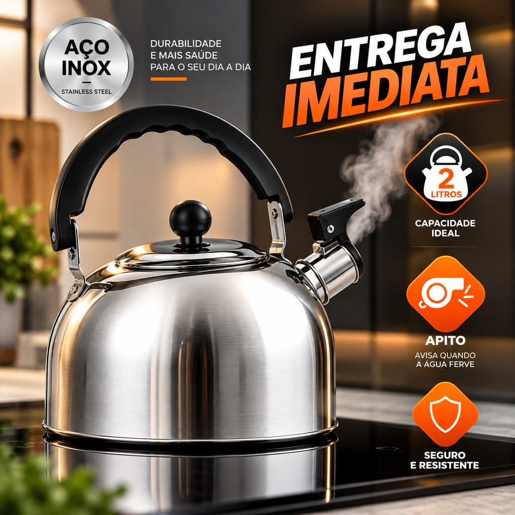 Chaleira Aço Inox 2 Litros Apito Fogão Gás Indução - Chaleira Cozinha Prata Resistente