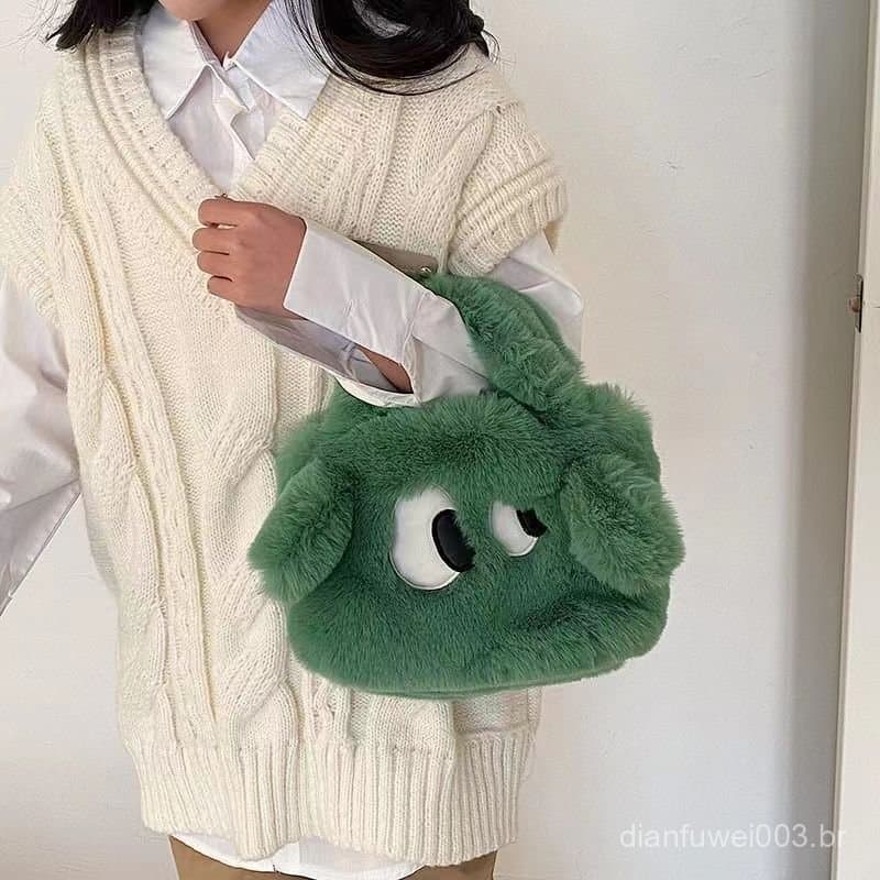 Bolsa feminina de pelúcia, moda inverno 2026, nova bolsa fofa de cachorrinho com olhos grandes, bolsa transversal textur