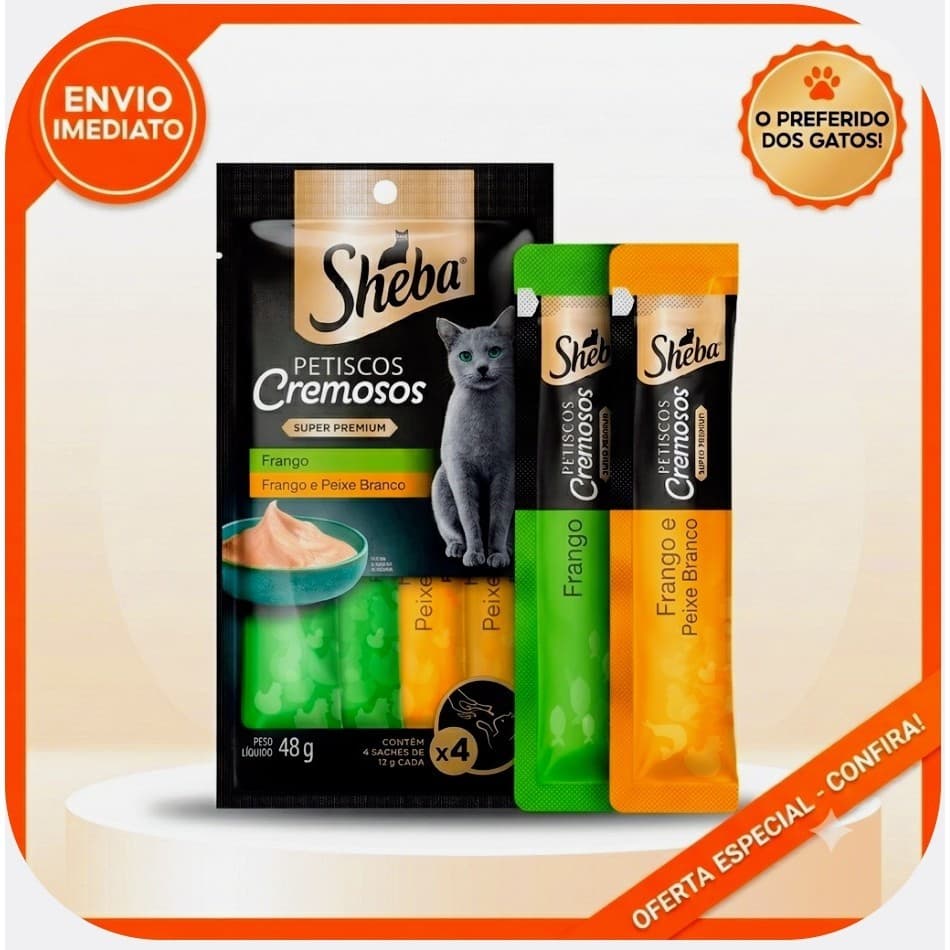 Petisco Cremoso Sheba para Gatos Sabor 2 frango -2frango e peixe branco- Baixo em Calorias, tipo churu