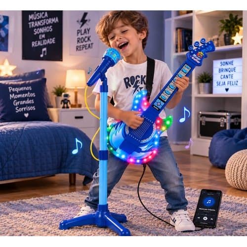 Guitarra Infantil Microfone Pedestal Karaoke Mp3 Azul Entretenimento Musical Diversão garantida