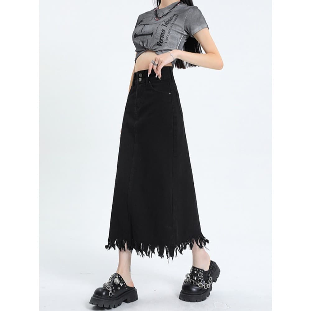 Preto desgastado Berkeley Denim saia feminina primavera outono 2026 novo estilo cintura alta mais magro olhar Design sai