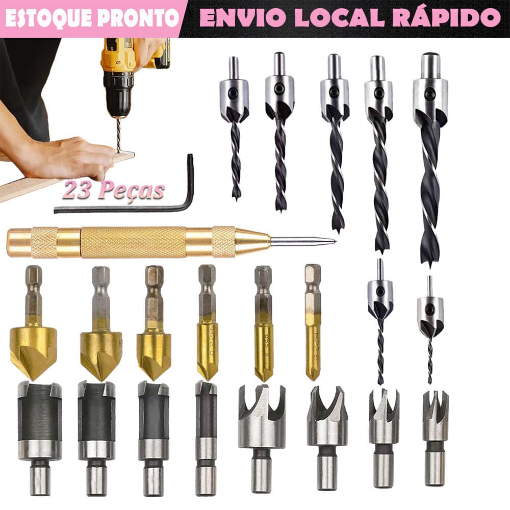 Jogo 23 Peças Brocas Escareadoras Chanfrar Madeira Aluminio Kit Brocas Escariadora Madeira Piloto