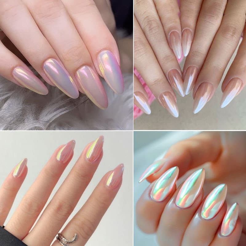 24pcs Unhas Postiças de Amêndoa Cromadas Brilhantes Cor Sólida Branco Rosa Aurora Unhas Falsas Destacáveis