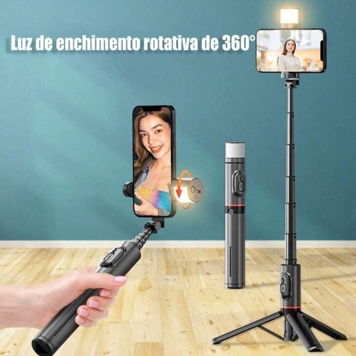 Bastão Pau de Selfie Retrátil com Bluetooth, Controles Remotos, Luz LED e Suporte Tripé H'maston