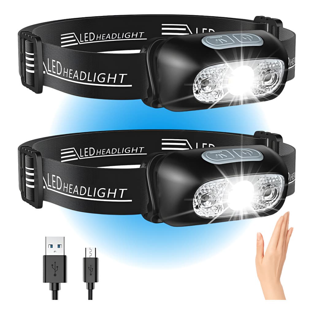 Kit Lanterna De Cabeça Recarregável Usb Led Sensor Potente Resistente Luz Branca Bike Pesca Camping Preto